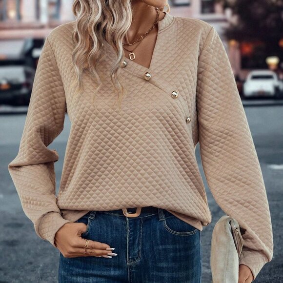 Khaki Casual Womens Solid Button Detail Sweatshirt - Picture 4 of 7